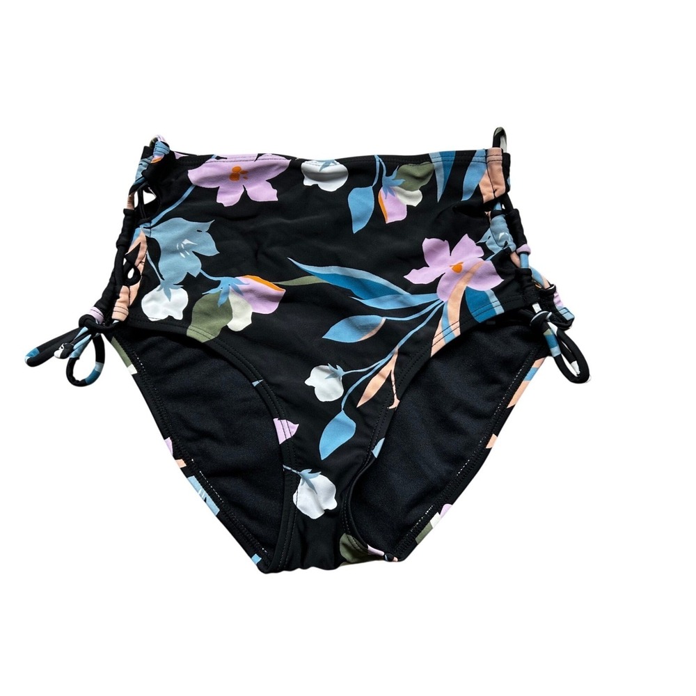 Hula Honey Womens Bikini Swim Bottom XS Black Floral Lace Up High Waist HHFFP141